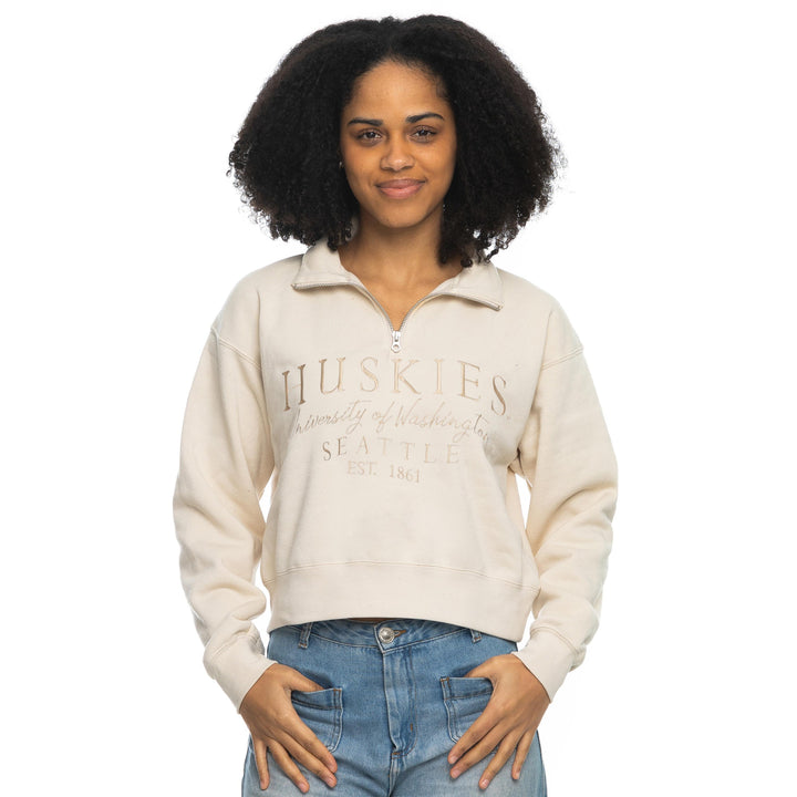 Zoozatz Women's Huskies Full Text Embroidered Cropped Quarter Zip