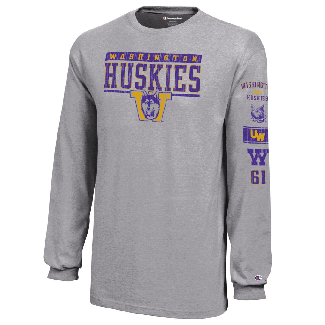 Champion Kids' Grey WA Huskies Vault Dog Long-Sleeve Logos Tee