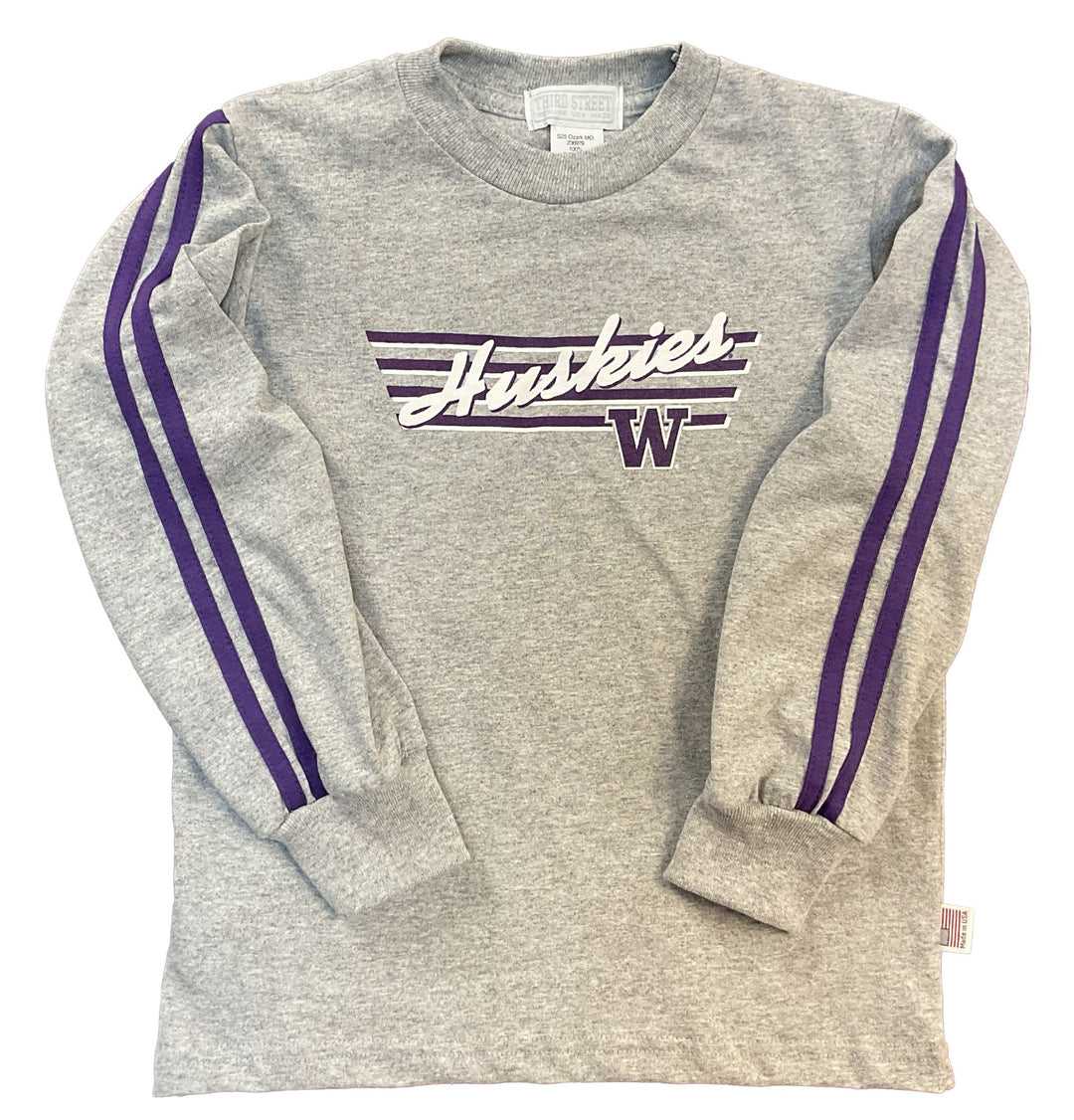 Third Street Gray Kids' Huskies W Stripes Long-Sleeve Tee
