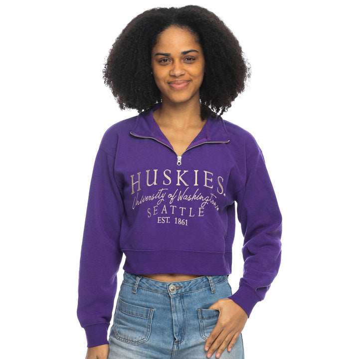 Zoozatz Women's Huskies Full Text Embroidered Cropped Quarter Zip