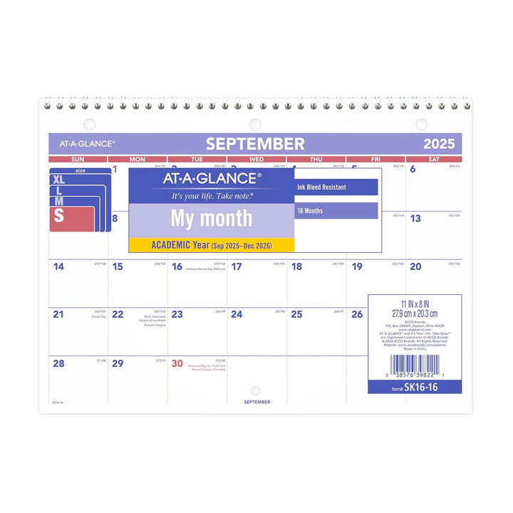 At-A-Glance 2025-2026 11" x 8" Monthly Academic Calendar