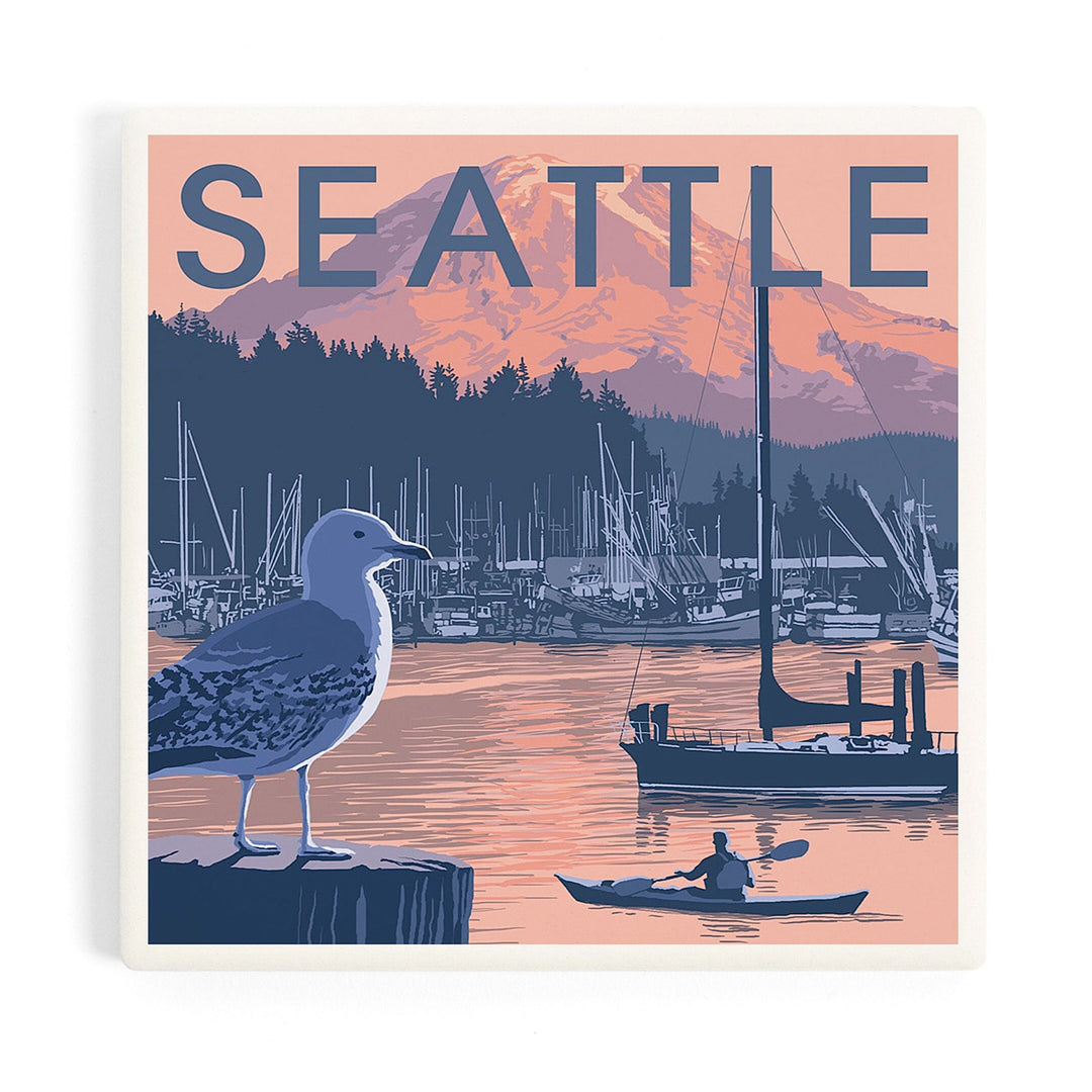 Lantern Press Seattle Marina and Rainier at Sunset Coaster