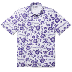 Photo of Reyn Spooner Men's White Floral Washington Huskies Game Day Performance Polo Front.
