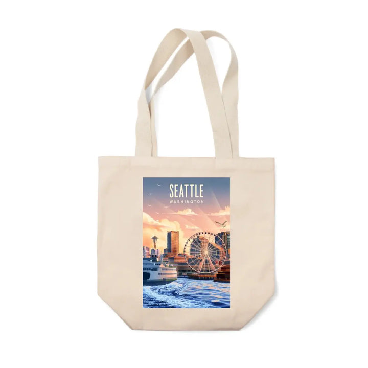 Lantern Press Seattle Waterfront Lithograph Tote Bag