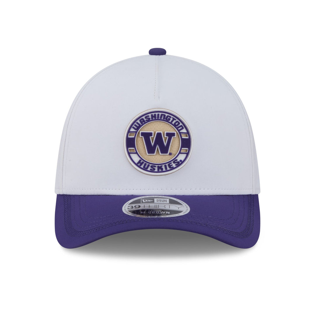 New Era White Purple Washington Huskies 39Thirty A-Frame Silicone Patch Stretch Fit Hat
