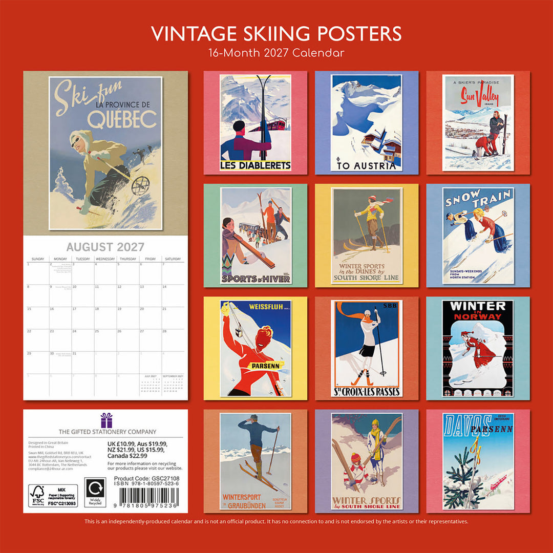 2027 Vintage Skiing Posters Wall Calendar
