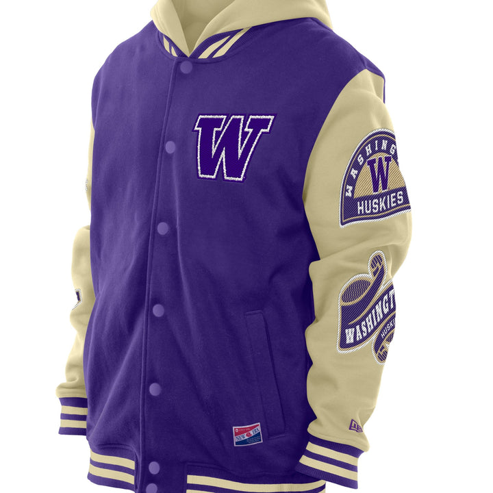 New Era Men's Washington Huskies Multi Patch Hooded Fleece Letterman Jacket