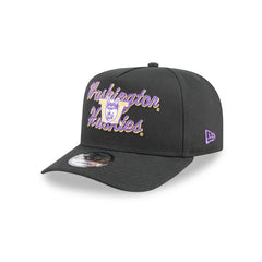 Photo of New Era Black Chain Stitch Vault Dog 9Fifty A Frame Adjustable Hat Front Side View.