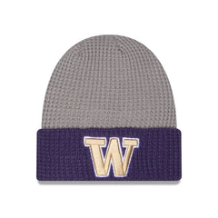 Photo of New Era Gray Purple Washington Huskies Knit PLAY Waffle Cuff Beanie.