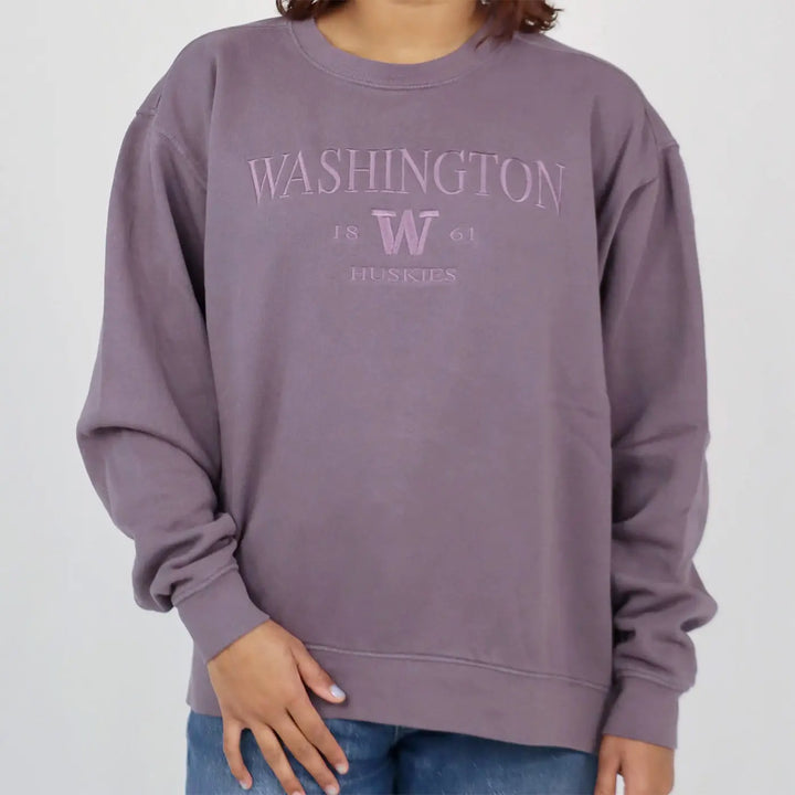 Blue 84 Unisex Amethyst Embroidered Washington Huskies Dyed Crewneck