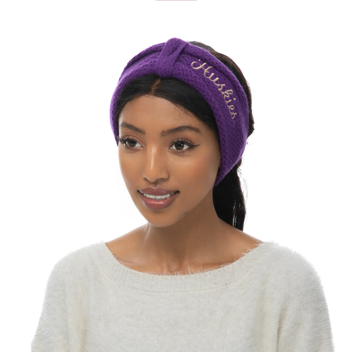 Zoozatz Women's Purple Script Huskies Fashion Knit Bow Headband