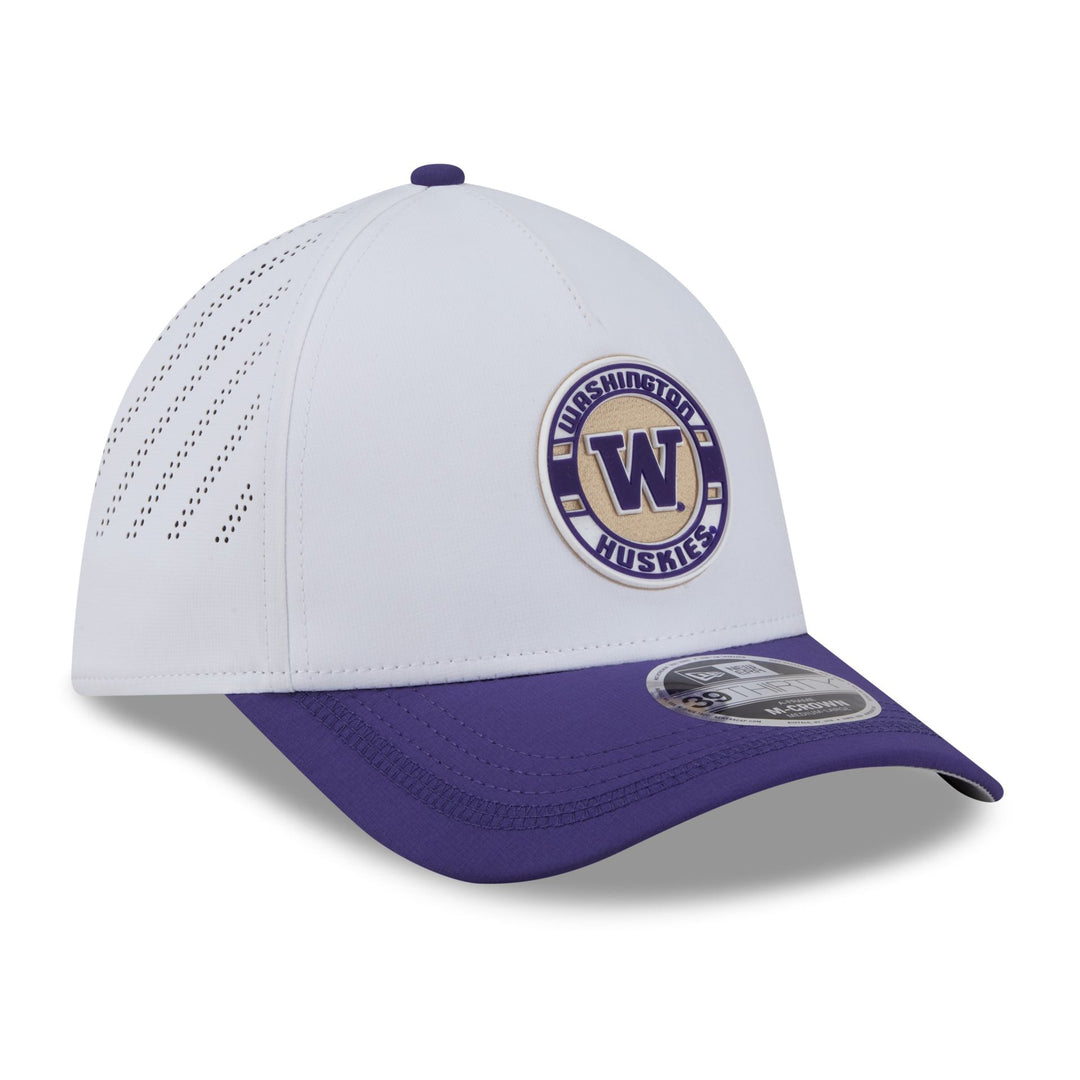 New Era White Purple Washington Huskies 39Thirty A-Frame Silicone Patch Stretch Fit Hat