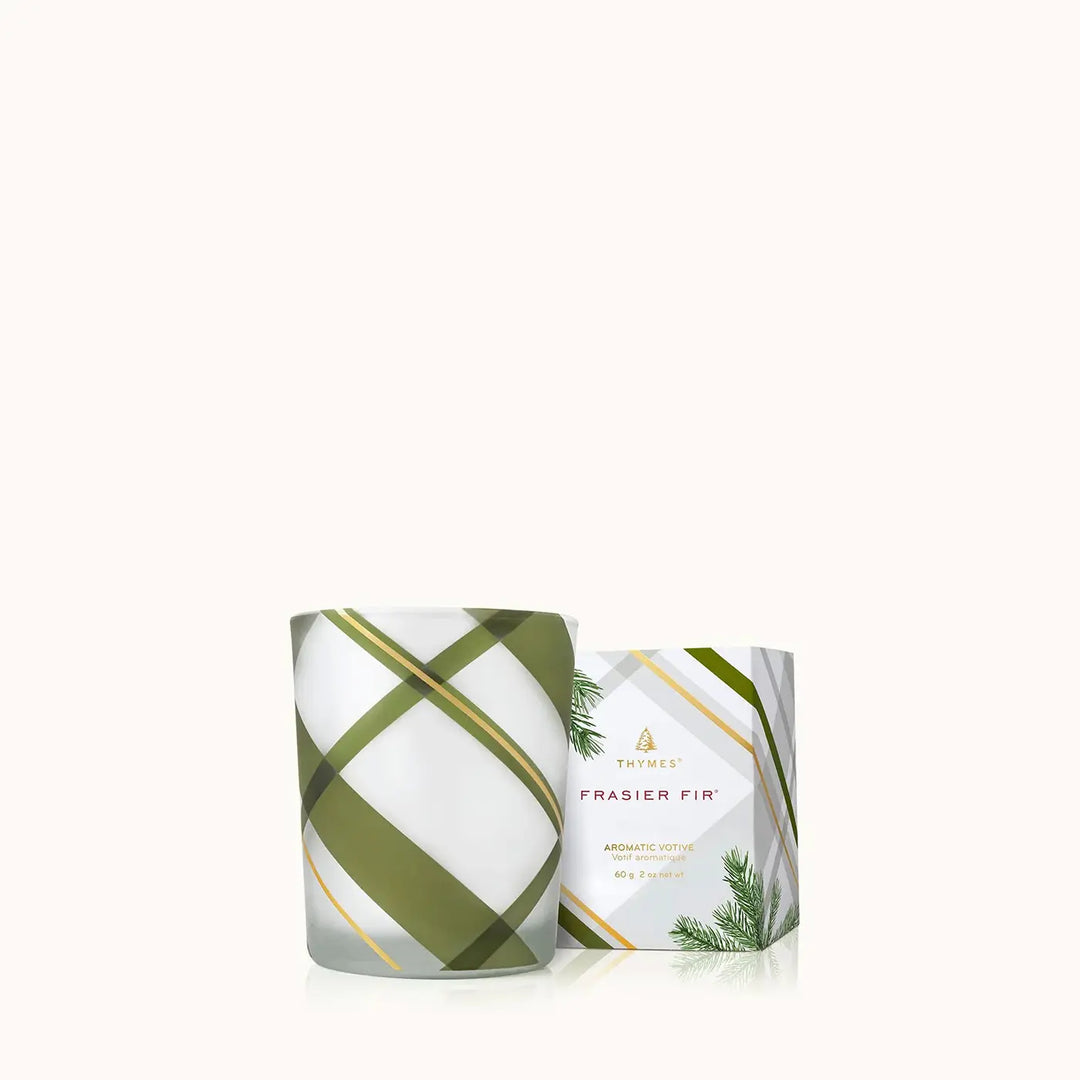 Thymes Frasier Fir Frosted Plaid Votive Candle 2oz