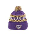 Zephyr Purple Gold Dawgs Checker Vault Dog Pom Beanie Front thumbnail