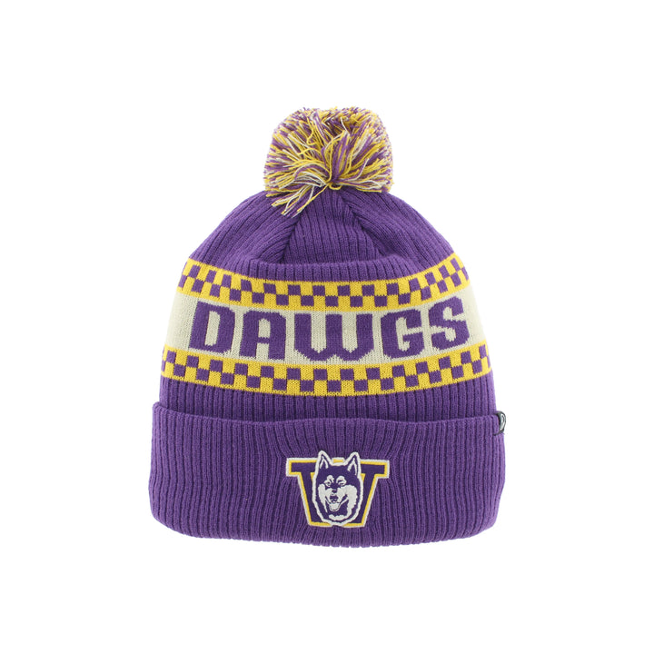 Zephyr Purple Gold Dawgs Checker Vault Dog Pom Beanie