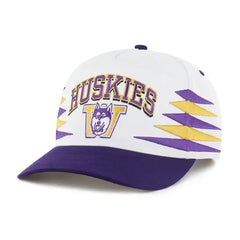 Photo of 47 Brand White Purple Huskies Vault Dawg Diamond Cut Hitch Snapback Hat.