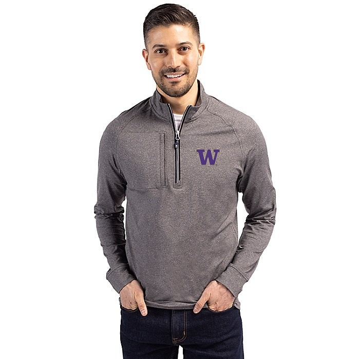 Cutter & Buck Men's Washington Huskies Adapt Soft Knit Stretch Heathered Quarter Zip
