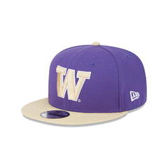 Photo of New Era Purple 9Fifty Gold Bill Snapback Hat Front Side View.
