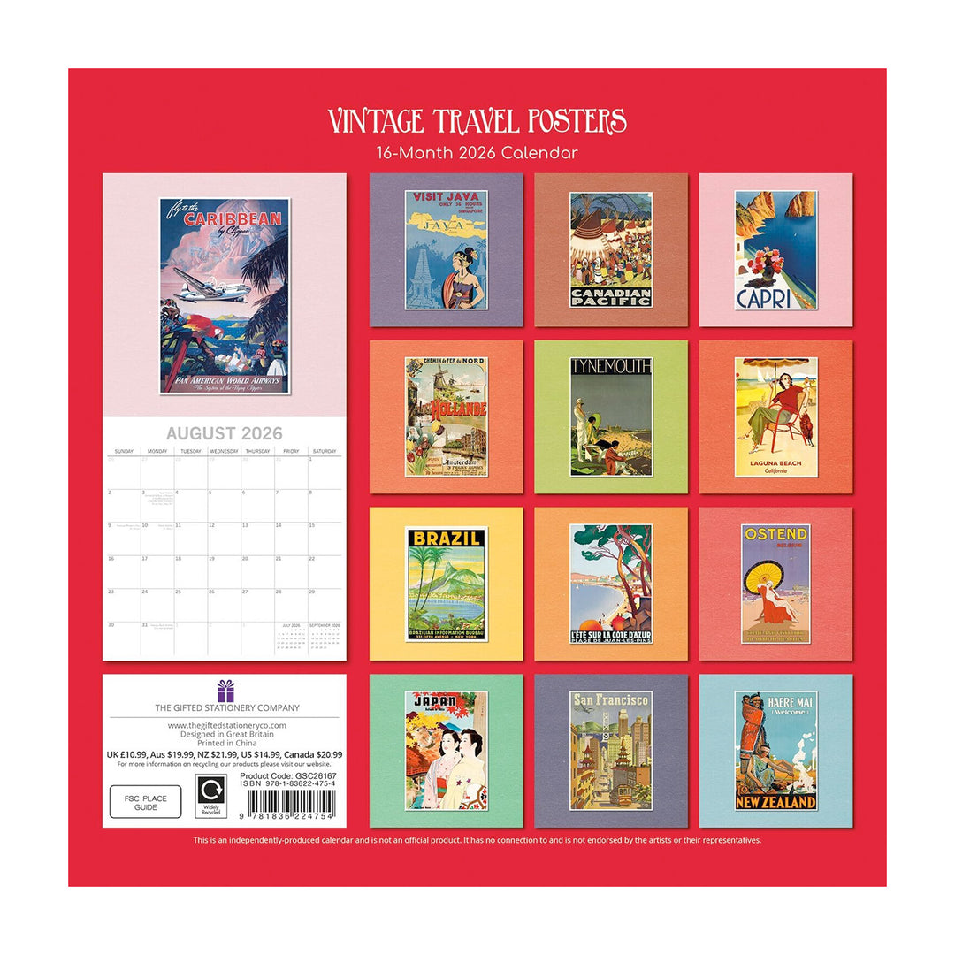 2026 Vintage Travel Posters Wall Calendar