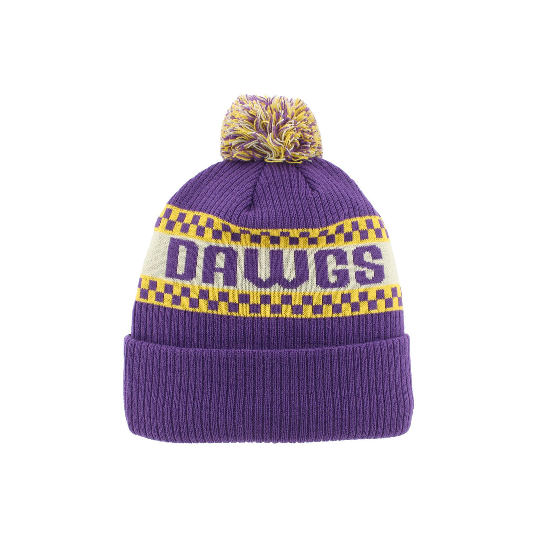 Zephyr Purple Gold Dawgs Checker Vault Dog Pom Beanie