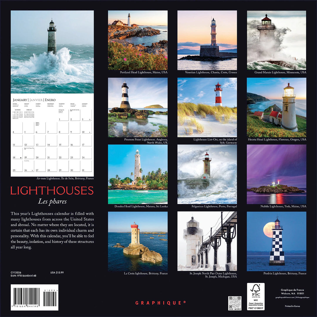 Graphique De France 12" x 12" Lighthouses Wall Calendar