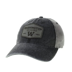 Photo of Legacy Black Gray Washington Huskies Leather Patch DTA Trucker Hat.