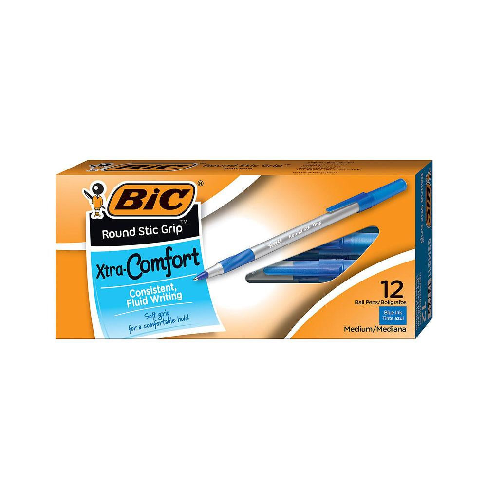 Bic Round Stic Grip Xtra Comfort 1.2mm Medium Ballpoint Pen 12ct