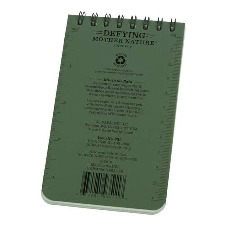 Rite in the Rain Green 3"x5" Top Spiral Memo Notebook 50ct