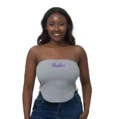 Photo of Zoozatz Women's Script Huskies Ruched Tube Top.