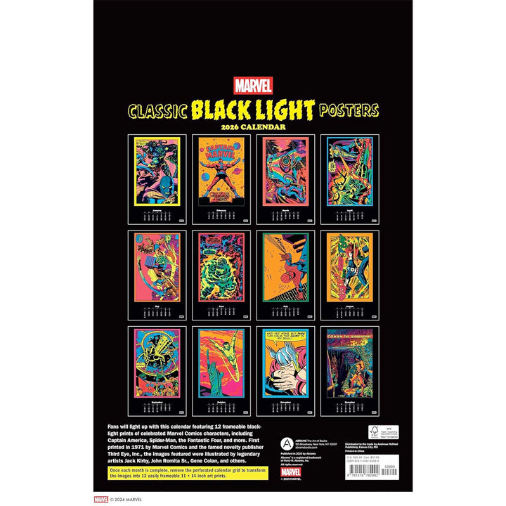 Marvel Classic Black Light 2026 Poster Calendar with 12 Frameable Prints