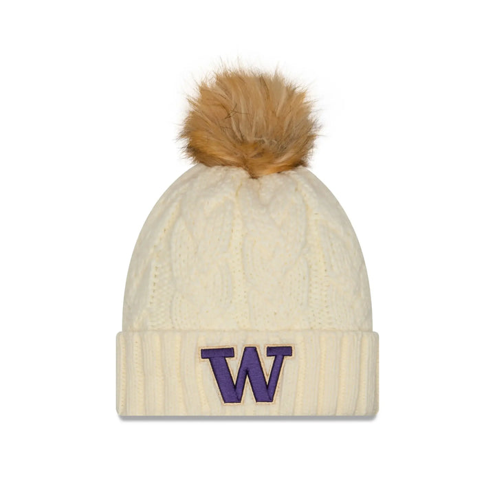 New Era Women's Cream Knit FUR POM Cable Beanie