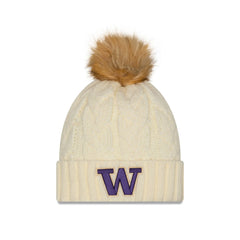 Photo of New Era Women's Cream Knit FUR POM Cable Beanie Front.