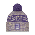 New Era 2025 Sideline Marled Purple Gold Huskies Cold Weather Sport Knit Beanie Front thumbnail
