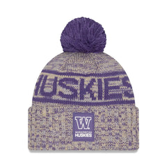 Photo of New Era 2025 Sideline Marled Purple Gold Huskies Cold Weather Sport Knit Beanie Front.