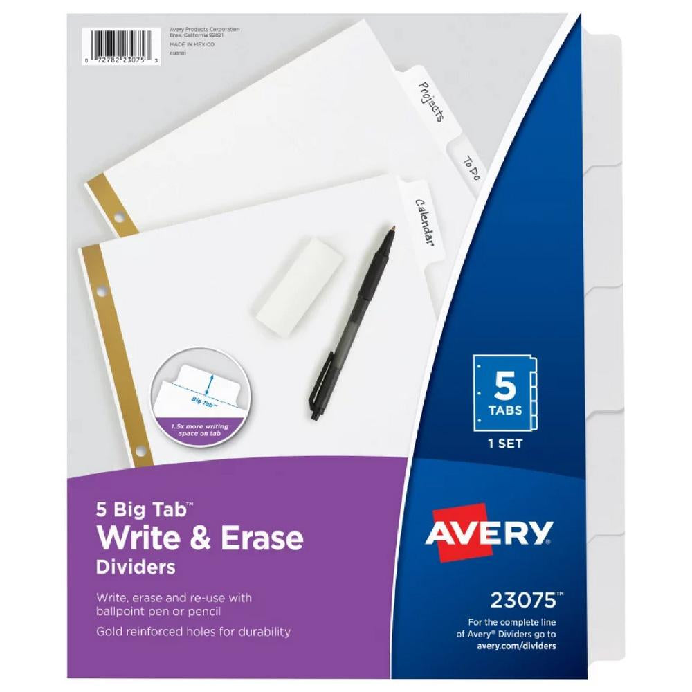 Avery White Big Tab Write & Erase 5 Tab Binder Dividers