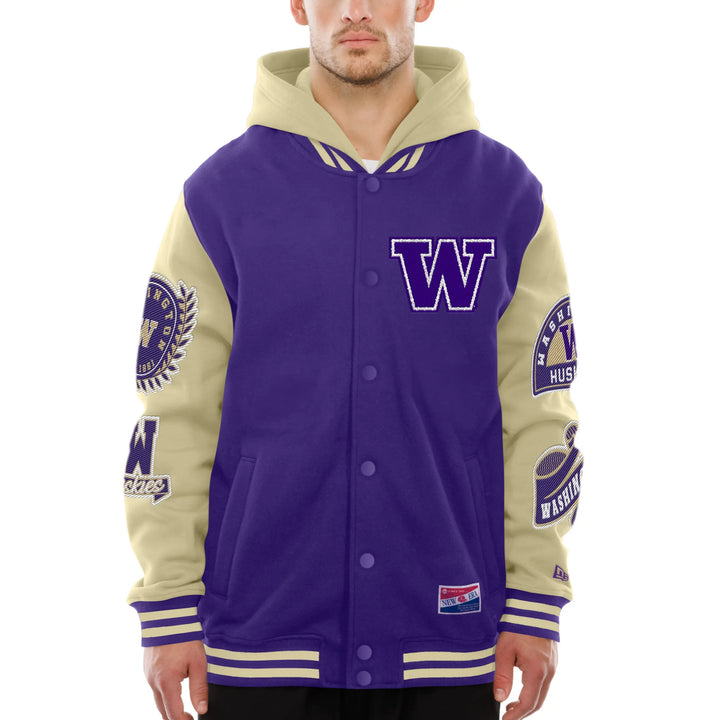 New Era Men's Washington Huskies Multi Patch Hooded Fleece Letterman Jacket