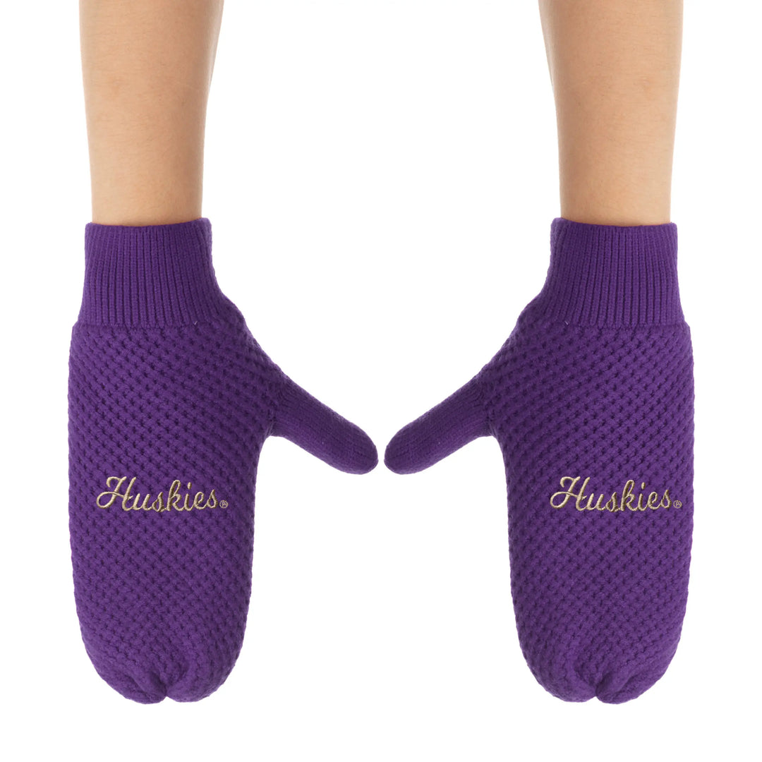Zoozatz Women's Purple Script Huskies Fashion Knit Mittens