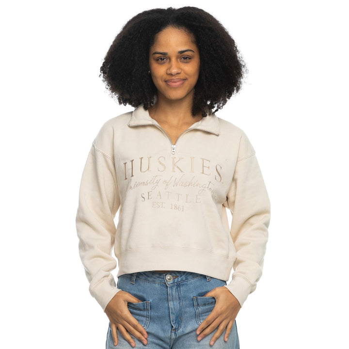 Zoozatz Women's Huskies Full Text Embroidered Cropped Quarter Zip