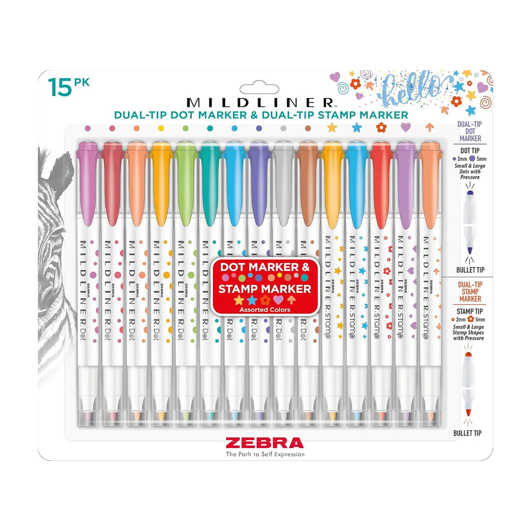 Zebra Mildliner Dual-Tip Assorted Dot & Stamp Marker Set 15 Count
