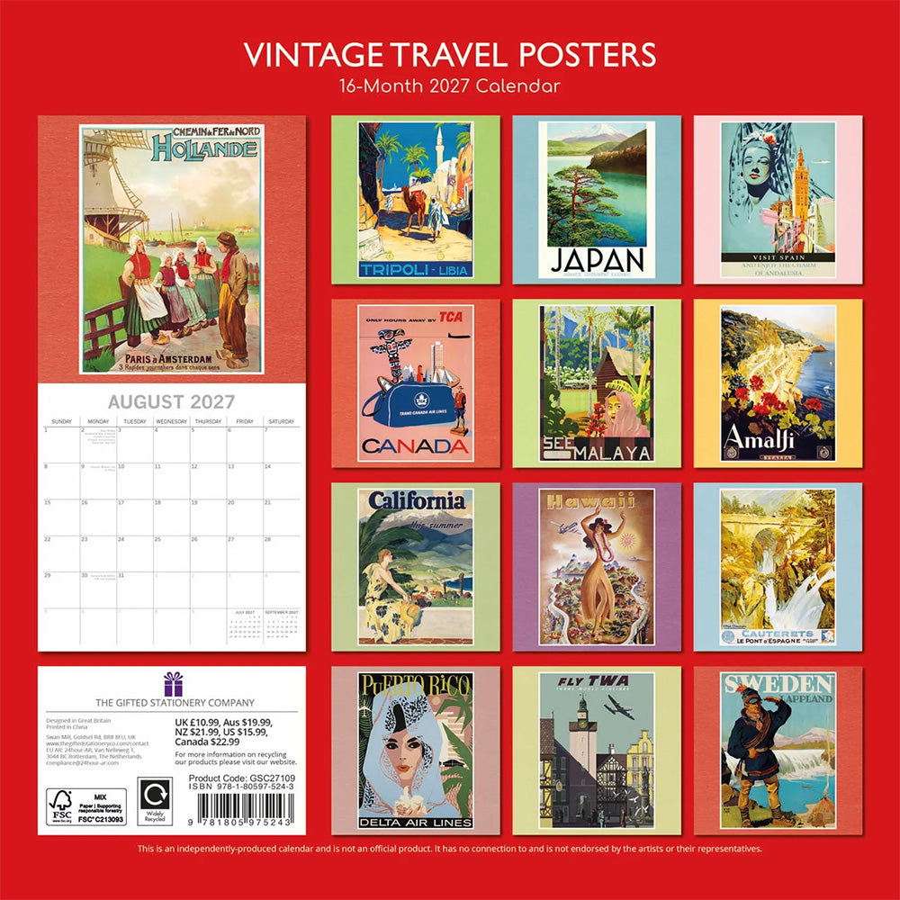 2027 Vintage Travel Posters Wall Calendar