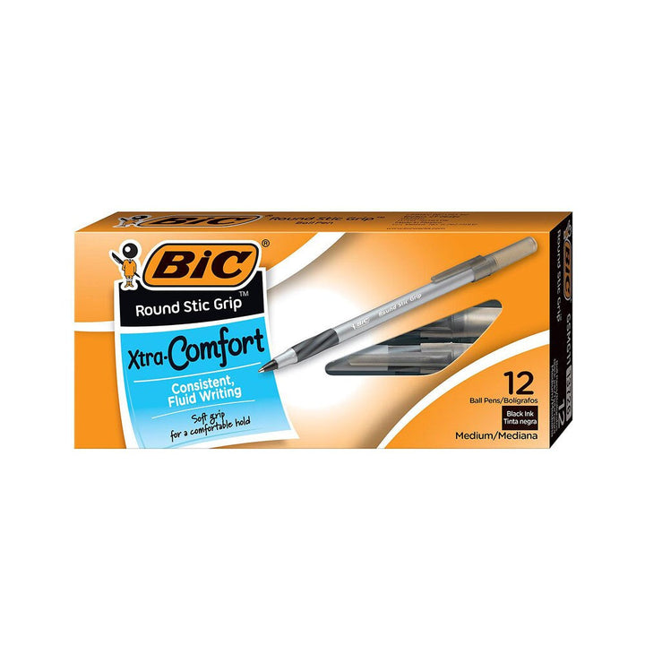 Bic Round Stic Grip Xtra Comfort 1.2mm Medium Ballpoint Pen 12ct#color_black