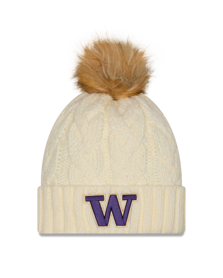 New Era Women's Cream Knit FUR POM Cable Beanie