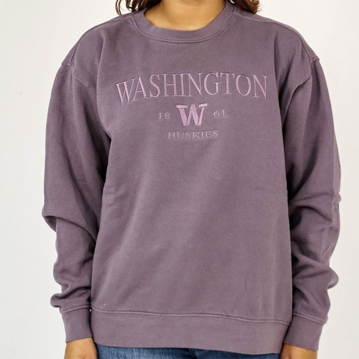 Blue 84 Unisex Amethyst Embroidered Washington Huskies Dyed Crewneck