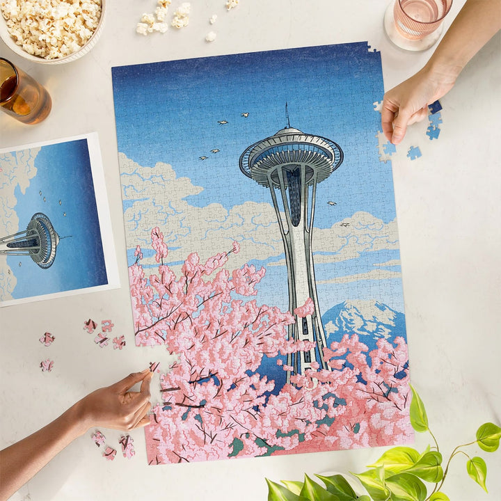 Lantern Press Space Needle Cherry Blossoms 1000 pc Puzzle