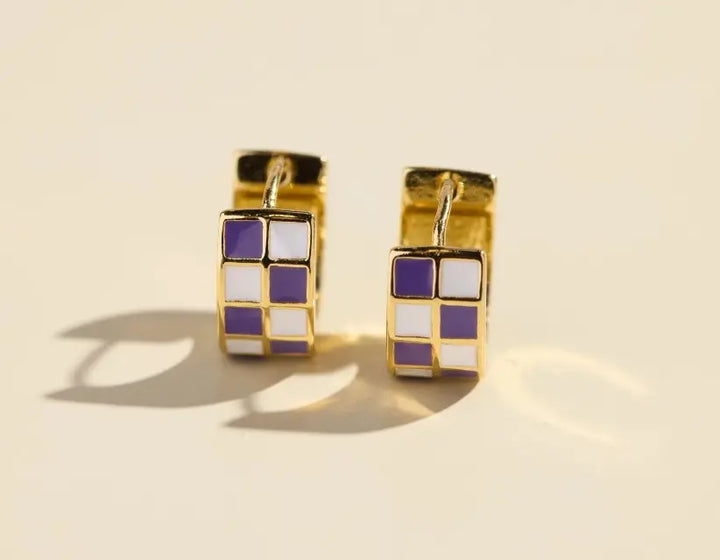 Nickel & Suede Purple White Checkered Huggies Earrings