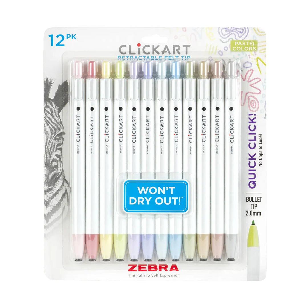 Zebra ClickArt Retractable Marker Pastel Colors Pen Set 12 Count