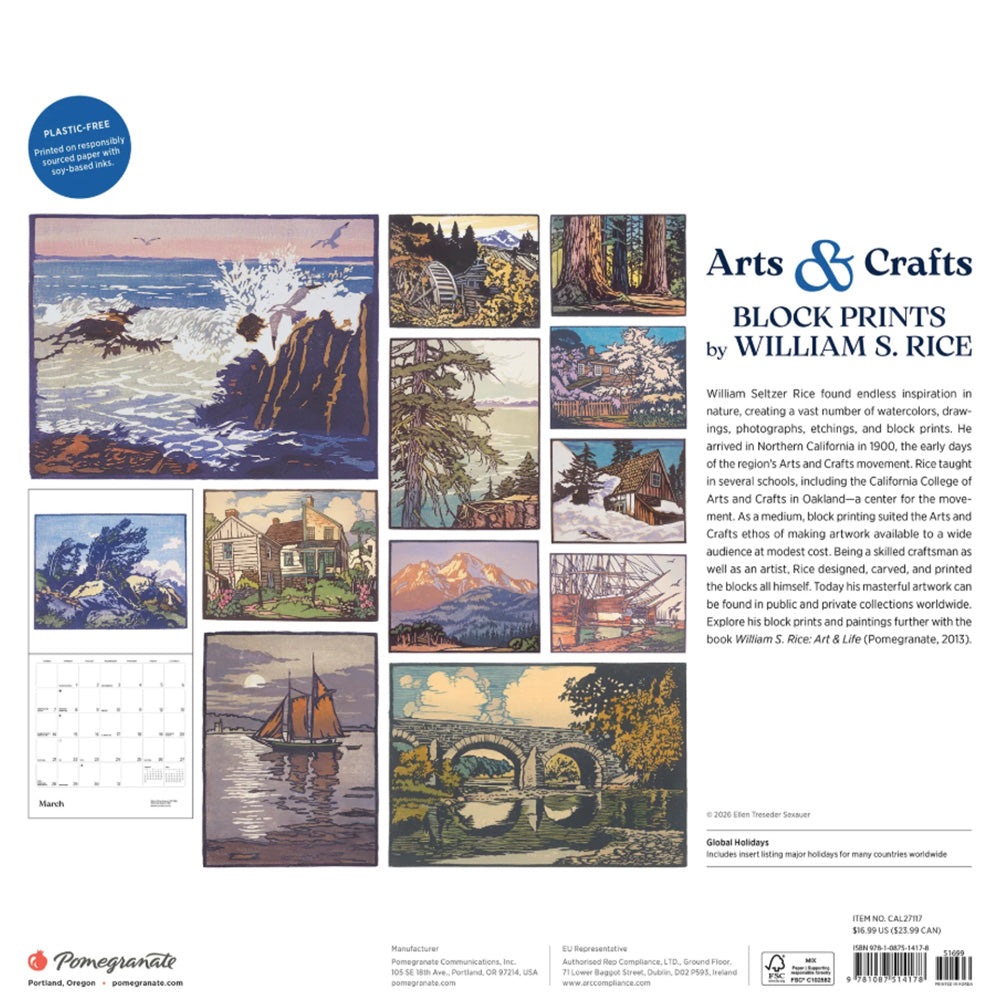 Arts & Crafts Block Prints by William S. Rice 2027 Wall Calendar