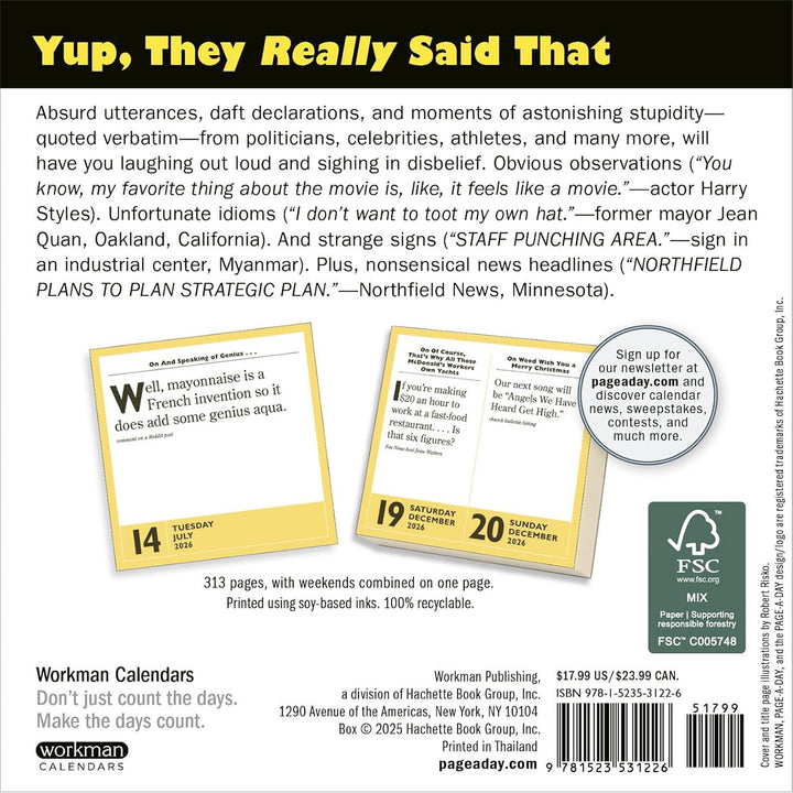 365 Stupidest Things Ever Said Page-A-Day Calendar 2026