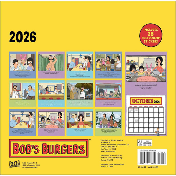 Bob's Burgers 2026 Wall Calendar with Stickers