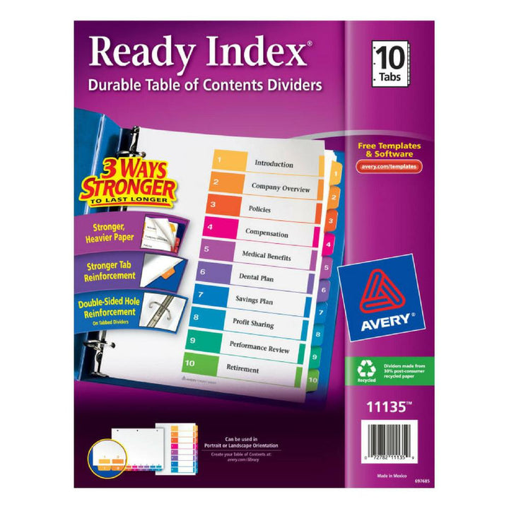 Avery Multicolor Customizable 10 Tab Binder Dividers